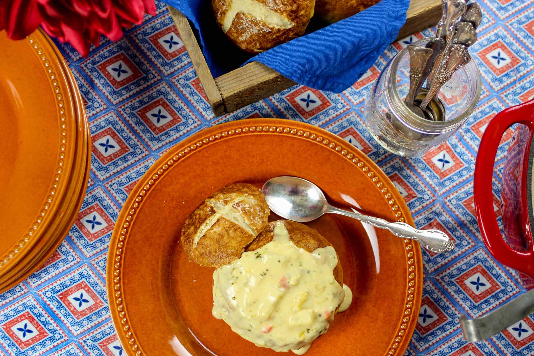 beer cheese soup in bread bowls